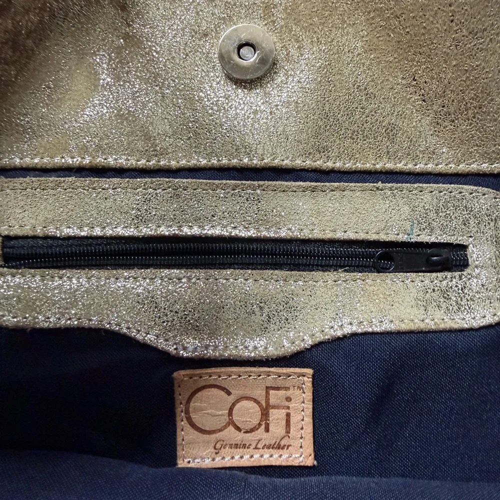 CoFi Leather Brushed Gold Metallic Hobo Bag Festival Boho